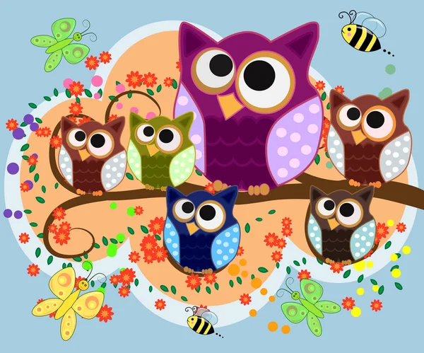 A family of bright, cartoon, cute, colorful owls on a flowering tree branch, parents, — Stock Vector