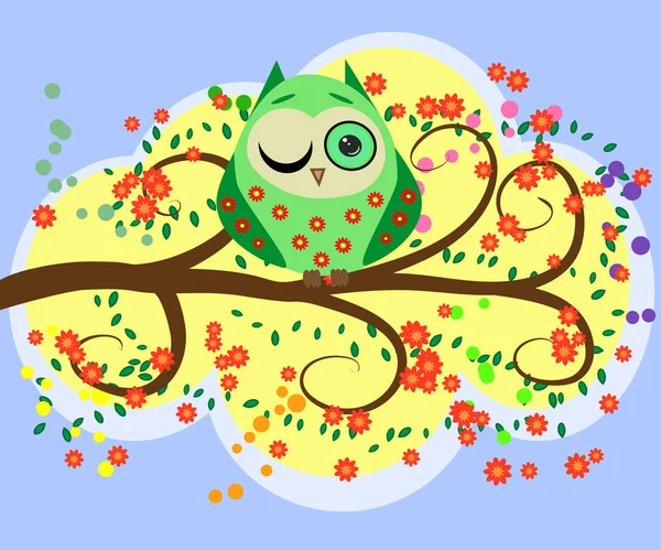 A family of bright, cartoon, cute, colorful owls on a flowering tree branch, — Stock Vector