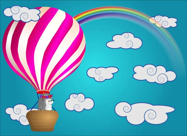 Um pequeno ouriço bonito voa em desenhos animados, um grande balão volumoso com uma cesta no céu em meio a nuvens brancas —  Vetores de Stock