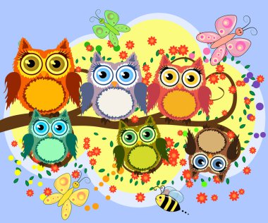 Parlak, çizgi film karakteri, sevimli, renkli baykuşlar, çiçek açan bir ağaç dalında, aileler, çocuklar.,