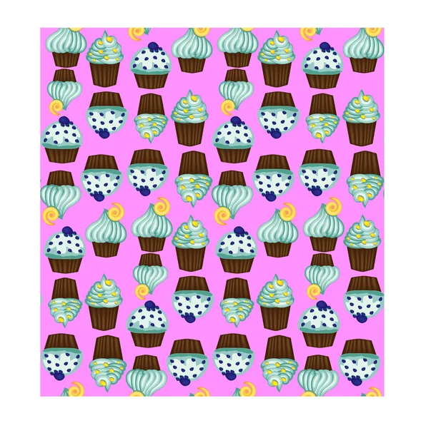 Seamless pattern of appetizing cupcakes with cream — Stock Vector