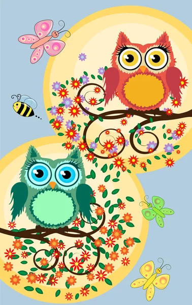 A family of bright, cartoon, cute, colorful owls on a flowering tree branch, parents, children, — Stock Vector