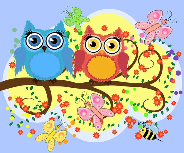 A family of bright, cartoon, cute, colorful owls on a flowering tree branch, parents, children, — Stock Vector