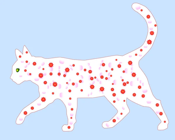 Gato blanco agraciado en un dibujo de flores rojas. Un gato que pasa por aquí — Vector de stock