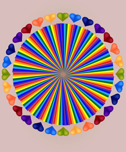Marco redondo de corazones multicolores con un arco iris — Archivo Imágenes Vectoriales