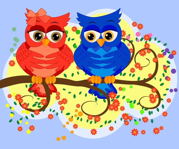 Çiçek açan ağaç dallarında iki baykuş: pembe bir kız ve mavi bir oğlan. Aşk kavramı