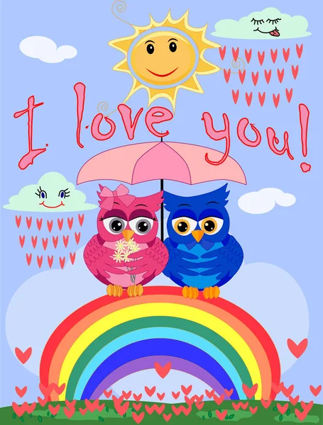Una ragazza e un ragazzo con bellissimi occhi sono seduti sotto un ombrello su un arcobaleno di sette colori che si nasconde dalla pioggia . — Vettoriale Stock