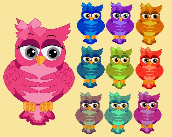 A large set of ten multi-colored bright cartoonish, cute owls with big eyes and obws — Stock Vector