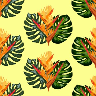 Heliconia çiçek veya ıstakoz pençeleri ve tropikal yaprak arka plan Dikişsiz desen