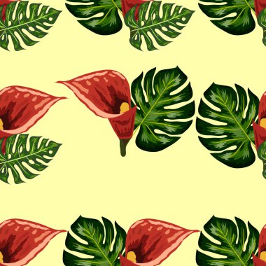 Tropikal yaprakları ve callas zambak çiçekleri ile Dikişsiz desen. Koyu ve parlak yeşil palmiye yaprakları, dikişsiz desen. Tropikal illüstrasyon. Orman yaprakları.