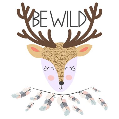 İskandinav tarzında çocuklar için geyik. Yazıtlı orman hayvanlarının kartpostalı.