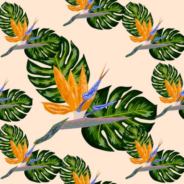 Strelitzia deseni. Tropikal çiçek, çiçek kümesi dikişsiz desen. Tropikal çiçekler ve palmiye yaprakları, bitki ve yaprak ile güzel arka plan.