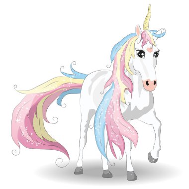 Sevimli büyülü tek boynuzlu at. Çocuklar için romantik el çizim illüstrasyon.