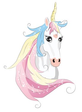 Boynuz ve güzellik gökkuşağı saç ile sevimli tek boynuzlu at yüz. çizgi film karakteri illüstrasyon, sihirli kavram. Beyaz arka planda yalıtılmış.