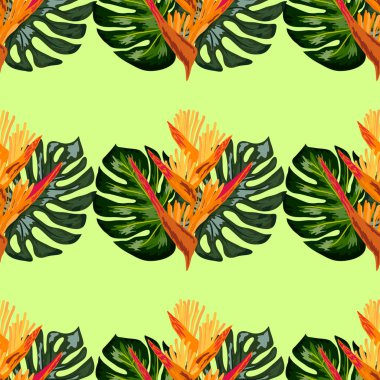 Heliconia çiçek veya ıstakoz pençeleri ve tropikal yaprak arka plan Dikişsiz desen