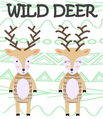 İki güzel geyik. Şık illüstrasyon, İskandinav tarzı.