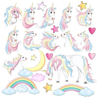Sevimli sihirli Unicorn ve peri elemanları toplama. Izole