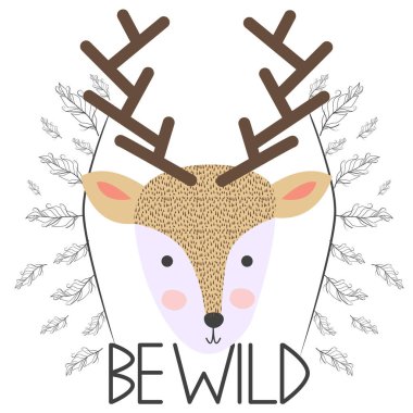 İskandinav tarzında çocuklar için geyik. Yazıtlı orman hayvanlarının kartpostalı.