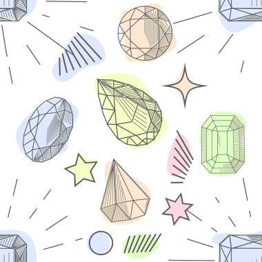 El çizilmiş kristaller ve taşlar pembe, altın kontur ile leylak tonları ile renkli dikişsiz desen