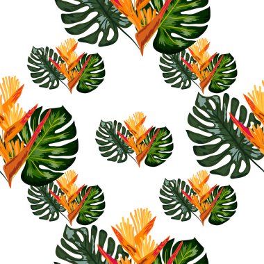 Tropikal çiçekler heliconia veya ıstakoz pençearka ile Yaz orman desen.