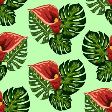 Tropikal yaprakları ve callas zambak çiçekleri ile Dikişsiz desen. Tropikal illüstrasyon. Orman yaprakları.
