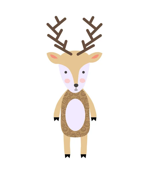 Plakát s kresleného roztomilým jelenem pro děti ve skandinávském stylu. pohlednice, štítek, brožura, leták, stránka, návrh proužkové reklamy. — Stockový vektor