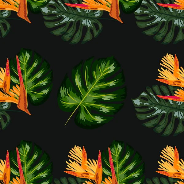 Imprima plantas tropicais exóticas e palmeiras, folha de banana com flor de garras de lagosta, strelitzia — Vetor de Stock