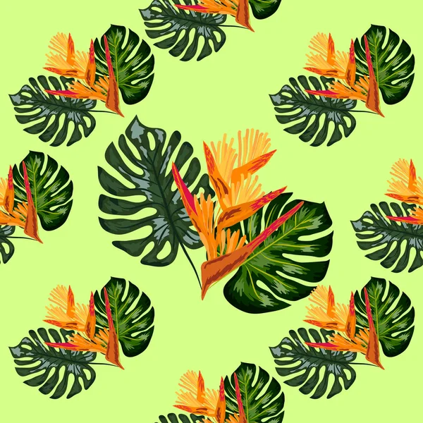 Imprimer des plantes tropicales exotiques et des palmiers, feuille de banane avec des griffes de homard fleur, strelitzia — Image vectorielle