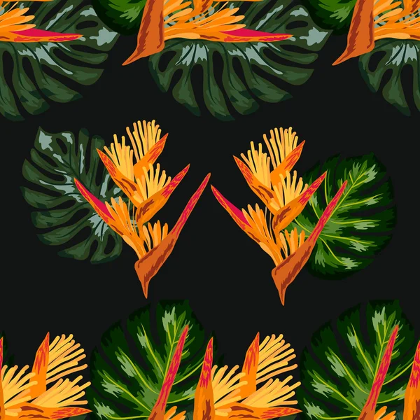 Seamless pattern of Heliconia flowers or lobster-claws and tropical leaf background — Stock Vector