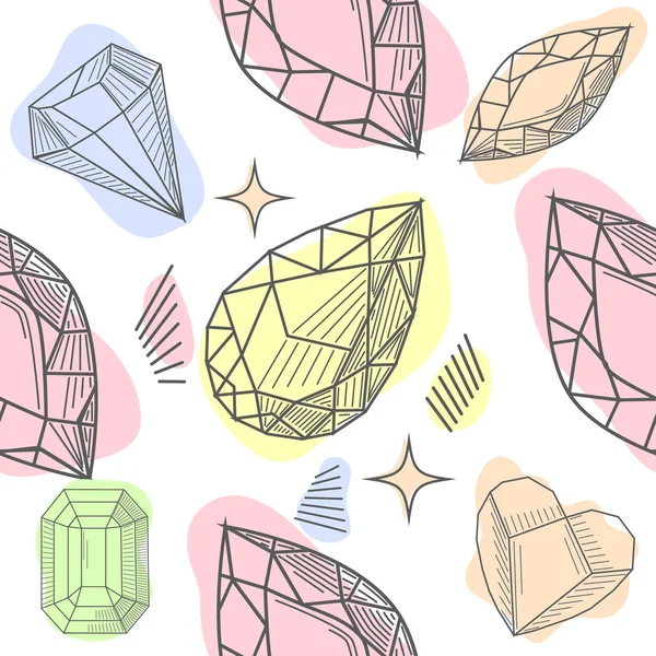 Farbenfrohes nahtloses Muster mit handgezeichneten Kristallen und Edelsteinen in rosa, lila Tönen mit Goldkontur — Stockvektor