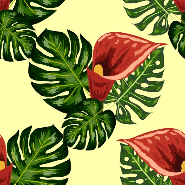 Modèle sans couture avec des feuilles tropicales et des fleurs de lys callas. Feuillage de jungle . — Image vectorielle