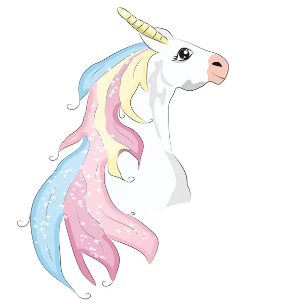 Wajah unicorn yang lucu dengan tanduk dan rambut pelangi yang indah. ilustrasi karakter kartun. Desain untuk kartu anak, t-shirt. konsep sihir. Terisolasi pada latar belakang putih . - Stok Vektor