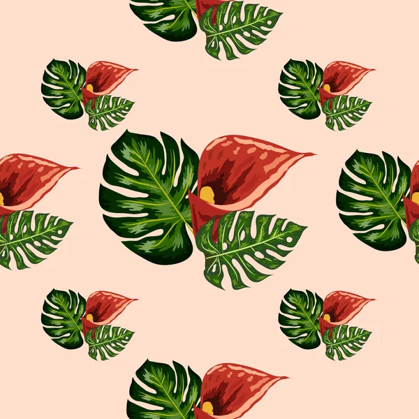 Modello senza soluzione di continuità con foresta rossa fiori selvatici Calla e foglie. per sfondi, tessile e scrapbooking — Vettoriale Stock