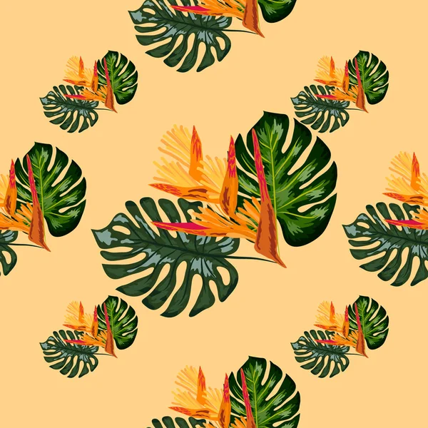 Imprimer des plantes tropicales exotiques et des palmiers, feuille de banane avec des griffes de homard fleur, strelitzia — Image vectorielle