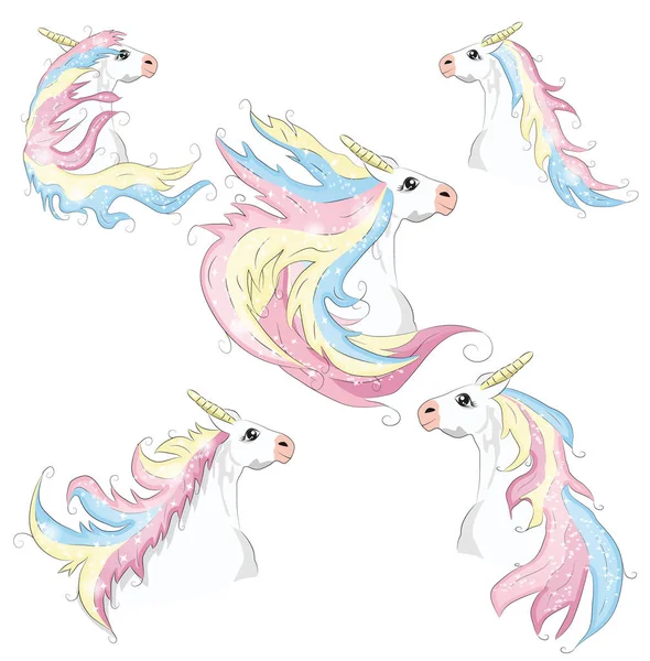 Linda cara de unicornio con cuerno y belleza de pelo de arco iris. ilustración de personajes de dibujos animados. Diseño para tarjeta de niño, camiseta. concepto mágico . — Archivo Imágenes Vectoriales