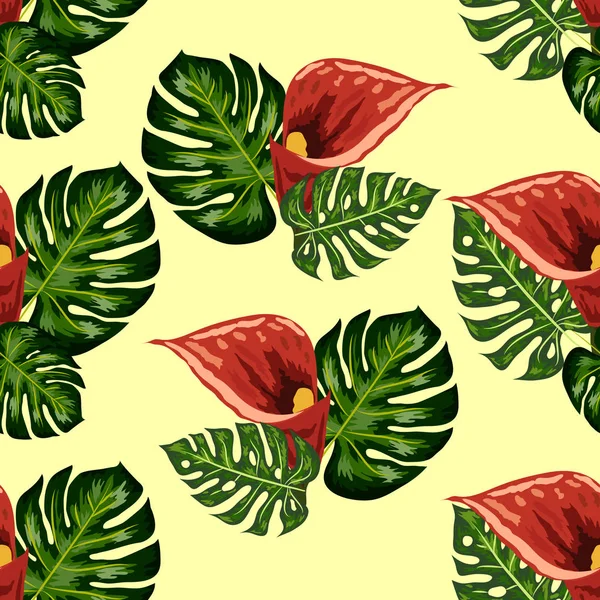 Bezszwowy wzór z tropikalnych liści i kwiatów Lilie Callas. Tropikalna ilustracja. Dżungla liści. — Wektor stockowy