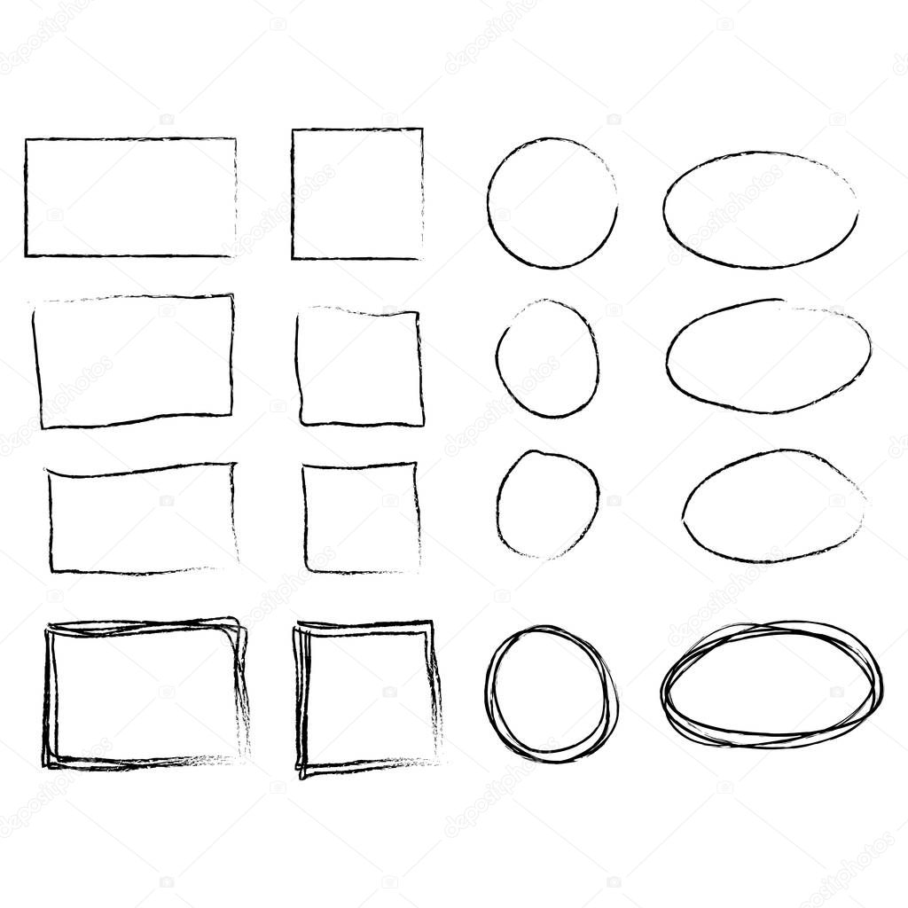 Hand drawn frames set. Cartoon style. Square, rectangle, circle, oval