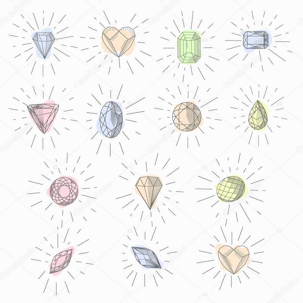 Set black and white simple line art symbol of diamond with rays around