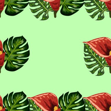 Tropikal yaprakları ve callas zambak çiçekleri ile Dikişsiz desen. Koyu ve parlak yeşil palmiye yaprakları, dikişsiz desen. Tropikal illüstrasyon. Orman yaprakları.