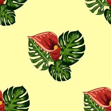 Tropikal yaprakları ve callas zambak çiçekleri ile Dikişsiz desen. Tropikal illüstrasyon. Orman yaprakları.