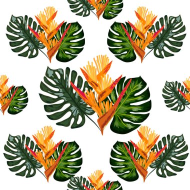 Tropikal çiçekler heliconia veya ıstakoz pençearka ile Yaz orman desen.