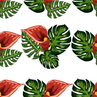 Tropikal yaprakları ve callas zambak çiçekleri ile Dikişsiz desen. Orman yaprakları.