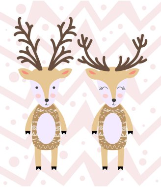 Cartoon Deer ailesi. Parlak renkli çocuksu hayvanlar. Sevimli hayvanlar. Tebrik Davetiyeleri, Planlayıcılar için Şablon
