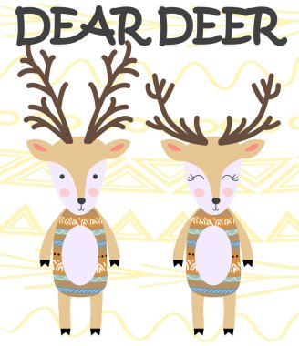 Sevimli çizgi film geyiği. Halk sanatı hayvanlar ve çiçek dekor elemanları ile Kompozisyon. Elle çizilmiş küçük resim. İskandinav tarzı