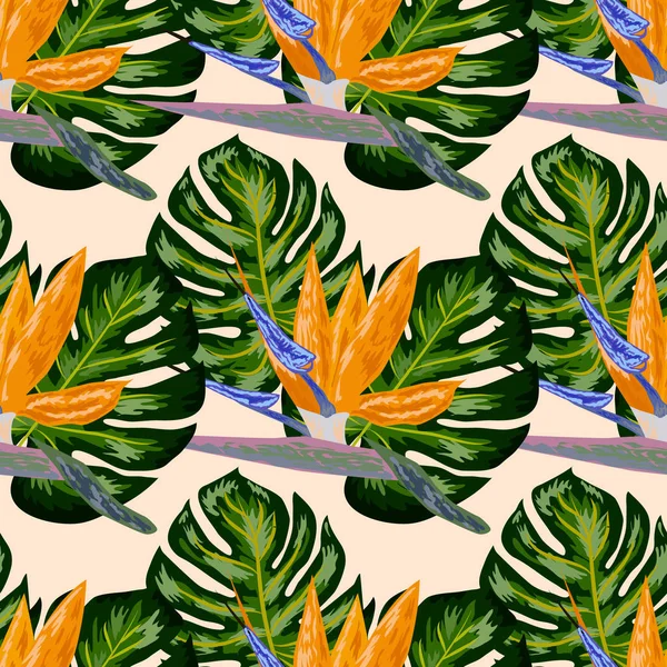 Modello di Strelitzia. Fiore tropicale, fiore a grappolo senza soluzione di continuità. Bello sfondo con fiori tropicali e foglie di palma, piante e foglie . — Vettoriale Stock
