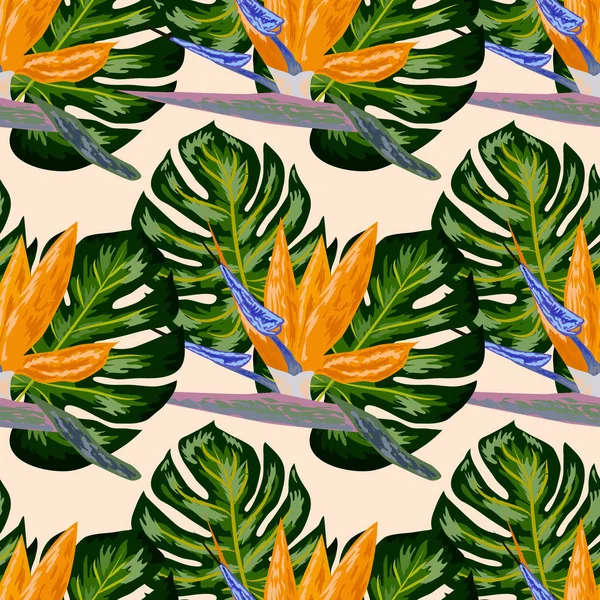 Strelitzia pattern. Tropical flower, blossom cluster seamless pattern. Beautiful background with tropical flowers and palm leaves, plant and leaf.