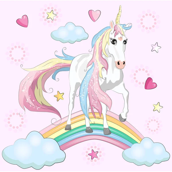 Mignonne licorne magique, marche sur l'arc-en-ciel, art pépinière doodle — Image vectorielle