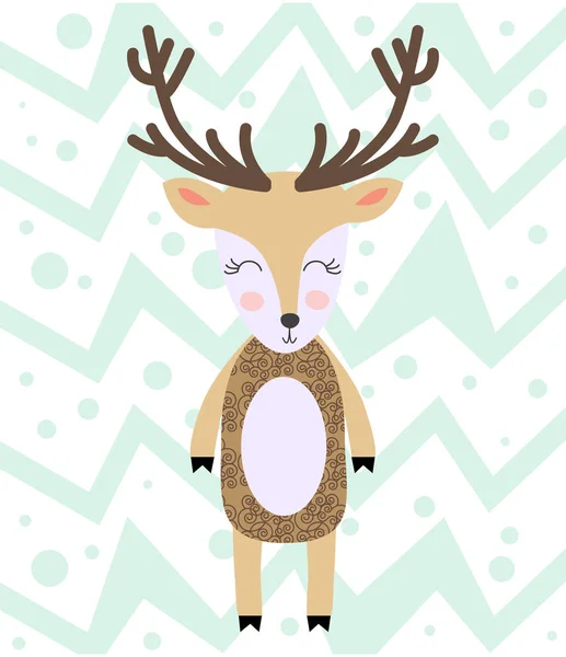 Cartaz com caricatura cervo bonito para crianças em estilo escandinavo. cartão postal, etiqueta, brochura, folheto, página, design de banner . —  Vetores de Stock