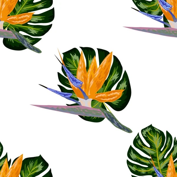 Strelitzia mönster. Tropiska blomma, Blossom Cluster sömlösa mönster. Vacker bakgrund med tropiska blommor och palmblad, växt-och löv. — Stock vektor
