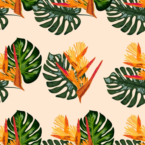 Imprima plantas tropicais exóticas e palmeiras, folha de banana com flor de garras de lagosta, strelitzia — Vetor de Stock